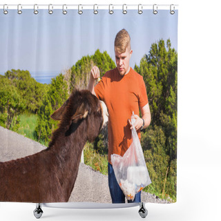Personality  Young Man Playing And Feed Wild Donkey, Cyprus, Karpaz National Park Wild Donkey Protection Area. Shower Curtains