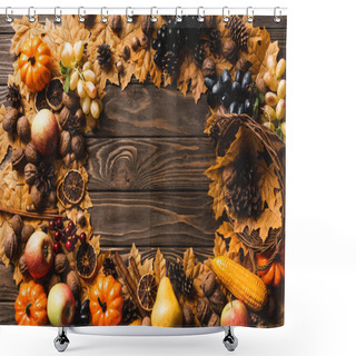 Personality  Top View Of Round Frame Made Of Autumnal Harvest And Foliage On Brown Wooden Background Shower Curtains