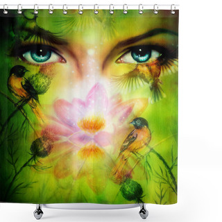 Personality  Beautiful Illustration, Blue Goodness Women Eyes Beaming Up Enchanting From Behind A Blooming Rose Lotus Flower, With Birds On Multicolor Background Eye Contact Shower Curtains