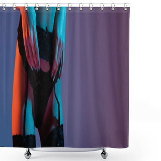 Personality  Horizontal Crop Of Sexy Young Woman Touching Panties Isolated On Purple  Shower Curtains