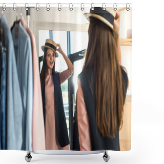 Personality  Girl Trying On Hat In Boutique Shower Curtains