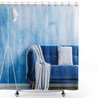 Personality  Navy Blue Sofa With Blanket And Pillow, Lamp Set On An Ombre Wall In A Living Room Interior Shower Curtains