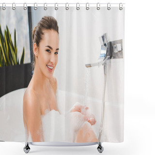 Personality  Smiling Young Woman Taking Bath At Home Shower Curtains