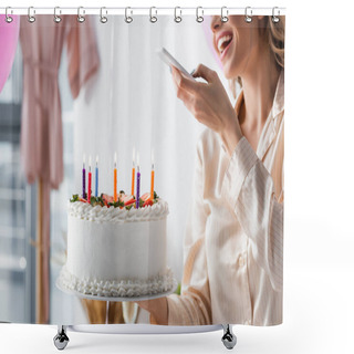 Personality  Cropped View Of Woman Taking Photo Of Birthday Cake  Shower Curtains