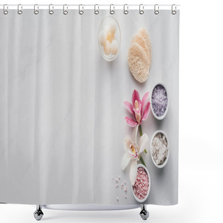 Personality  Top View Of Beautiful Orchid Flowers, Sea Salt In Bowls And Sponges On White Background  Shower Curtains