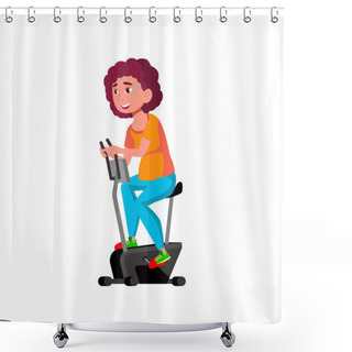 Personality  Happy Girl Exercising On Velo Training Apparatus In Gym Cartoon Vector Shower Curtains