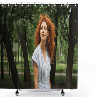Personality  Pleased Young Woman With Red Hair Standing In Blue Striped Dress In Green Park  Shower Curtains
