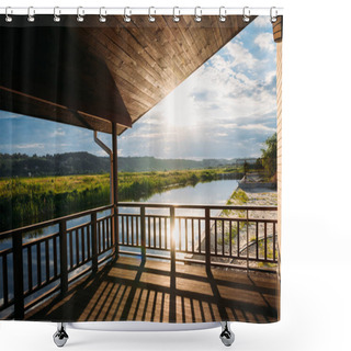 Personality  View Of Beautiful Sunset Over River From Wooden Terrace Shower Curtains