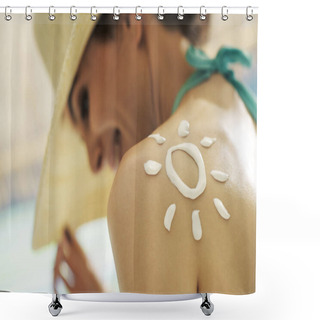 Personality  Woman Tanning At The Beach With Sunscreen Cream Shower Curtains
