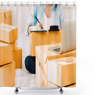 Personality  Young Woman Working And Checklist With Cardboard Box On Bed At Home - Business Online And Delivery Concept Shower Curtains
