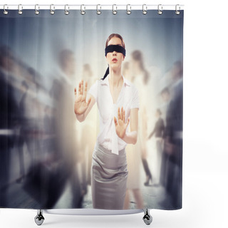 Personality  Businesswoman In Blindfold Among Group Of People Shower Curtains
