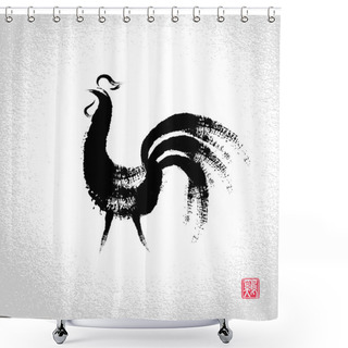 Personality  Vector: Rooster With Brushwork Style,  Chinese Seal Translation: Shower Curtains