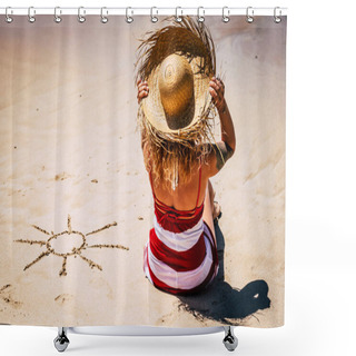 Personality  Sun And Summer Holiday Vacation Concept With People At The Beach And Woman Viewed From Back With Tourist Hat Enjoying The Day And The Outdoor Relax Leisure Activity Shower Curtains