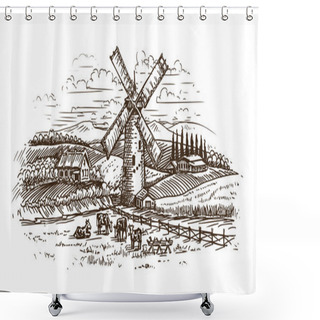 Personality  Rural Landscape, Village Sketch. Vintage Vector Illustration Isolated On White Background Shower Curtains