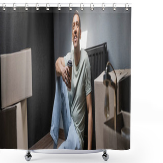 Personality  Cheerful African American Man Holding Coffee To Go Near Carton Boxes In New House, Banner Shower Curtains