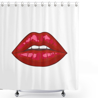 Personality  Sexy Female Red Lips. Hot Womans Kiss. Beautiful Sticker Isolated On White. Open Mouth. Vector Illustration In Retro Pop Art Or Comics Style. 3D Effect. Shower Curtains