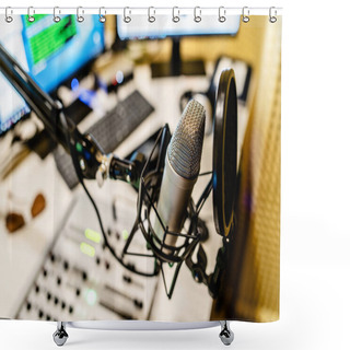 Personality  Microphone At The Radio Station Studio Broadcasting News Shower Curtains