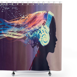 Personality  Woman With Magic Glowing Headphones Shower Curtains