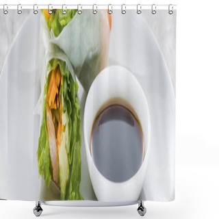Personality  Panoramic Shot Of Tasty And Served Spring Rolls With Soy Sauce On White Plate  Shower Curtains