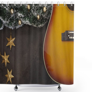Personality  Acoustic Guitar And Christmas Garland Decor With Golden Christmas Stars On Dark Brown Background	 Shower Curtains