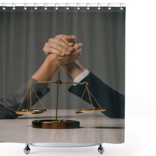 Personality  Selective Focus Of Business Colleagues Arm Wretsling On Wooden Table With Scales Of Justice On Grey Shower Curtains