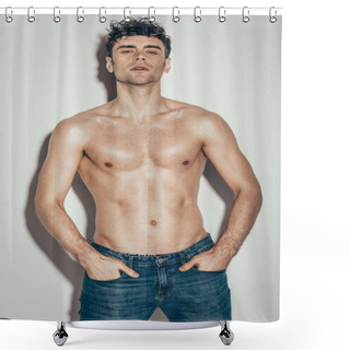 Personality  Fashionable Muscular Man In Jeans Posing On Grey Shower Curtains