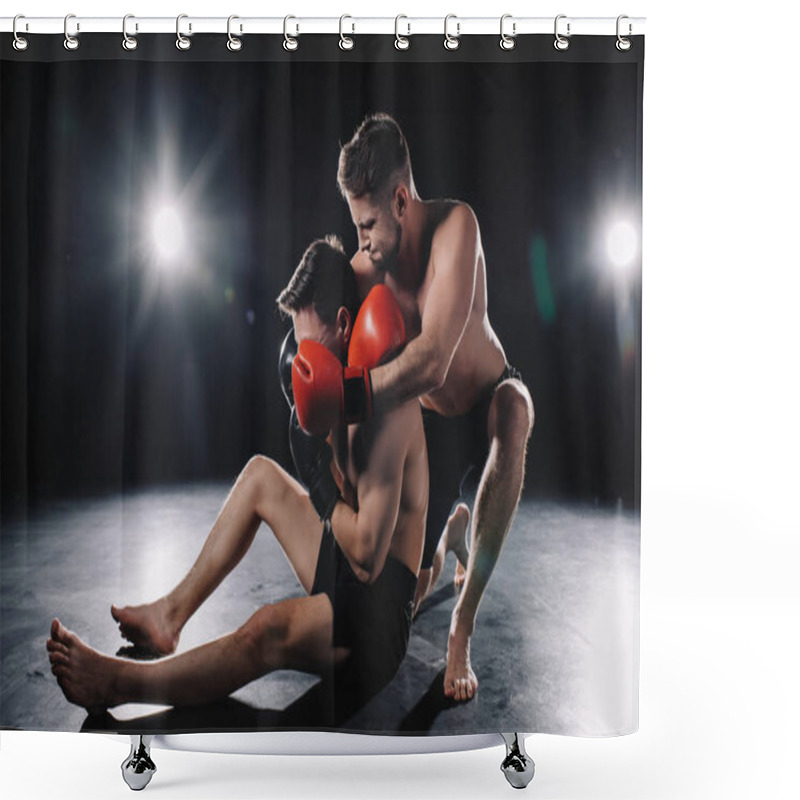 Personality  Strong Mma Fighter In Boxing Gloves Doing Chokehold To Another Sportsman On Floor Shower Curtains