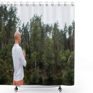 Personality  Buddhist In White Sweatshirt Praying Over Lake In Forest Shower Curtains