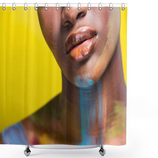 Personality  Cropped View Of African American Woman With Body Art On Yellow Shower Curtains