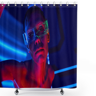 Personality  Cosmic Traveler, Unidentified Humanoid Alien In Goggles Looking At Camera In Neon-lit Lab Laboratory Shower Curtains