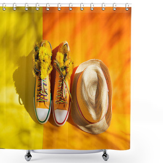 Personality  Yellow Sneakers And Straw Hat On Background With Shadows Of Trees With Copy Space. End Of Quarantine. Deep Long Shadows. Hello Summer . Shower Curtains