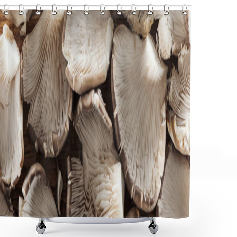 Personality  Close Up View Of Textured Mushrooms In Pile, Panoramic Shot Shower Curtains