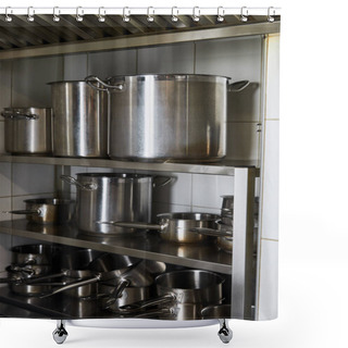 Personality  Metal Pots On Rack At Kitchen In Restaurant Shower Curtains