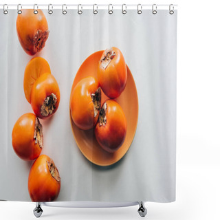 Personality  Top View Of Persimmons On Orange Plate And On White Tabletop Shower Curtains