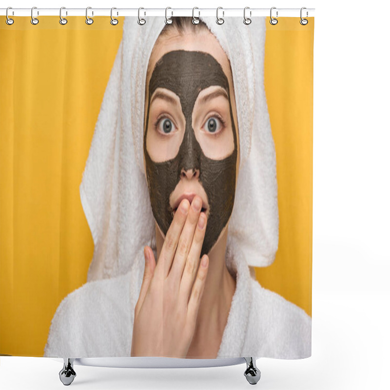 Personality  Shocked Girl With Facial Clay Mask And Towel On Head Covering Mouth With Hand Isolated On Yellow Shower Curtains