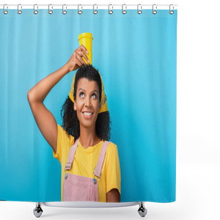 Personality  Happy African American Woman Holding Reusable Mug Above Head On Blue Shower Curtains