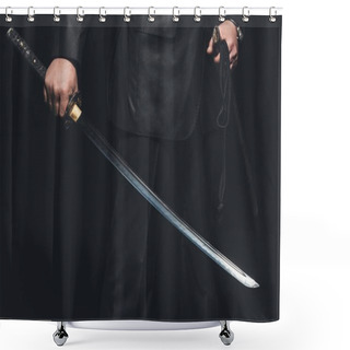 Personality  Cropped Shot Of Man With Katana Sword On Black Background Shower Curtains