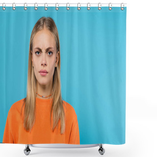 Personality  Offended Blonde Woman In Orange Sweatshirt Looking At Camera Isolated On Blue  Shower Curtains