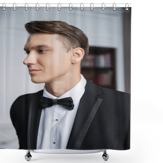 Personality  Portrait Of Elegant Man In Suit Looking Away At Home  Shower Curtains