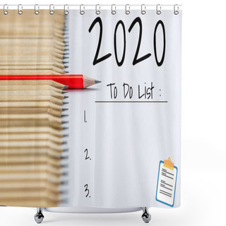 Personality  New Year Resolution Goal List 2020 - Business Office Desk With Notebook Written In Handwriting About Plan Listing Of New Year Goals And Resolutions Setting. Change And Determination Concept. Shower Curtains