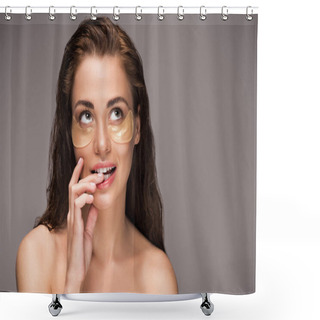 Personality  Thoughtful Young Woman With Collagen Pads Under Eyes, Isolated On Grey Shower Curtains