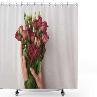 Personality  Cropped Shot Of Woman Holding Beautiful Red Eustoma Flowers Isolated On Grey Shower Curtains