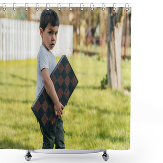 Personality  Cute Kid Holding Chessboard And Looking At Camera Shower Curtains