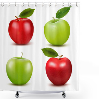 Personality  Set Of Red And Green Apple Fruits With Cut And Green Leaves. Vec Shower Curtains