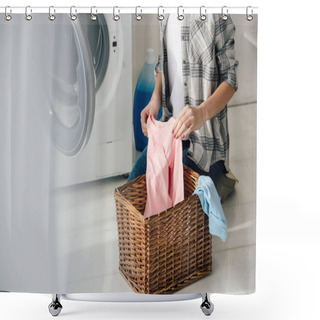 Personality  Cropped View Of Woman In Grey Shirt And Jeans Putting Clothes In Basket Near Washer In Laundry Room Shower Curtains