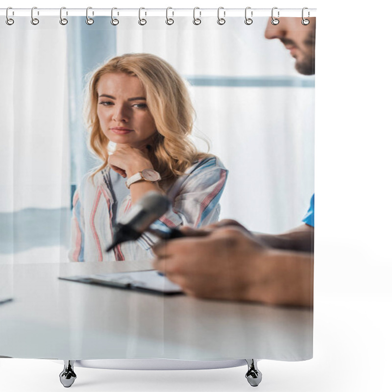 Personality  Selective Focus Of Woman Looking At Otoscope In Hands Of Bearded Doctor  Shower Curtains