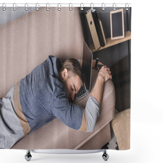 Personality  Young Overworked Businessman Sleeping On Couch With Head Lying On Laptop Shower Curtains