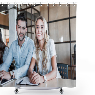 Personality  Happy Young Business Colleagues Sitting Together And Smiling At Camera In Office Shower Curtains