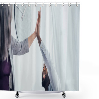 Personality  Panoramic Shot Of Smiling Multicultural Colleagues Giving High Five In Office   Shower Curtains