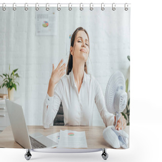 Personality  Businesswoman Blowing At Herself With Electric Fan While Sitting At Workplace With Documents And Laptop Shower Curtains